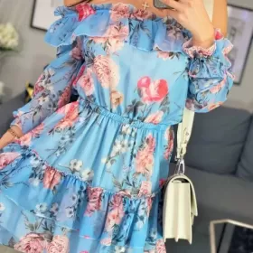 Niebieska sukienka w kwiaty hiszpanka - Butik Smlfashion