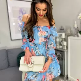 Niebieska sukienka w kwiaty hiszpanka - Butik Smlfashion