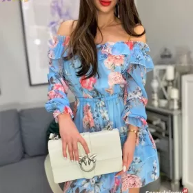 Niebieska sukienka w kwiaty hiszpanka - Butik Smlfashion